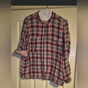 Pink and Blue Plaid Button-Up Shirt